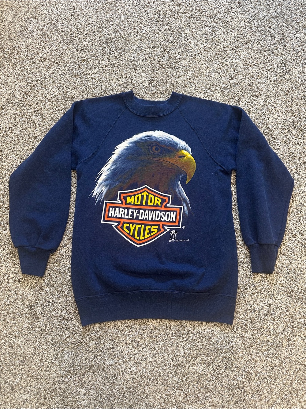 Vintage 1987 Harley-Davidson Navy Sweatshirt with Eagle & Orange Shield Graphic